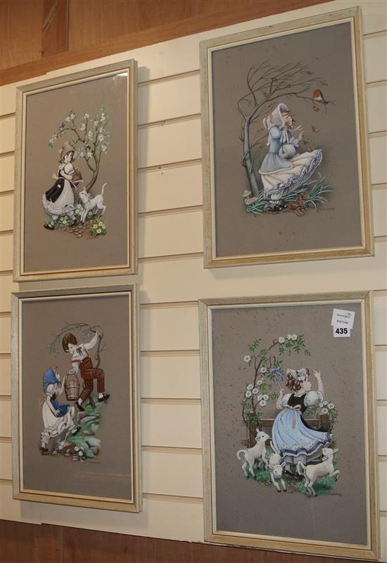M. Sherborne, four watercolours with gouache, studies of children representing nursery rhymes, signed, 44 x 30cm